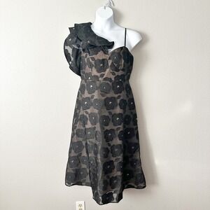 ANEWSTA Black‎ Floral & Gold Dot Ruffle One Shoulder Midi Dress Size Large